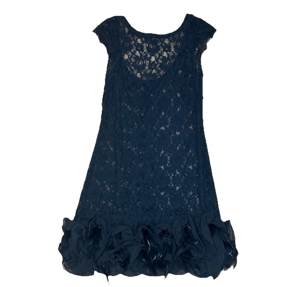 Mini Dress Women’s S Black Lace Y2K Feather Hem Scoop Back Zipper Glam Goth Alt